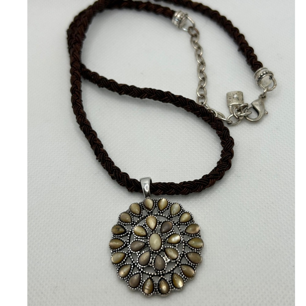 Chaps Pendant Necklace Brown Silver Braided Cord Medallion‎ Boho
